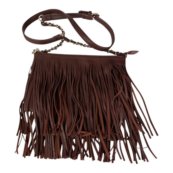 Brown Faux Leather Fringe Crossbody Bag – Boho Western Style – Gold Chain Strap - Picture 3 of 4